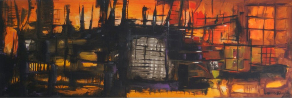 Óscar Larrañaga, Movimiento de ciudad al atardecer, mixta sobre lienzo, 82 x 240 cm. (Cortesía del autor)