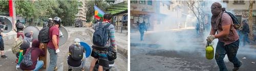 En la primera fila los jóvenes se protegen con improvisados escudos, mientras otros intentan