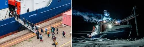 Expertos y tripulación que remplazarán al equipo del rompehielos (a la derecha) abordan el barco RV Maria S Merian, en Bremerhaven, en la costa de Svalbard.Foto Afp